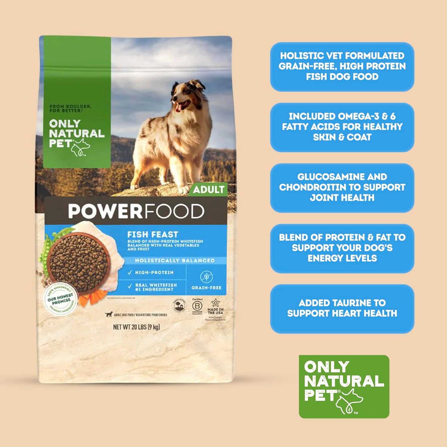 Only Natural Pet PowerFood Fish Feast Grain-Free Dry Dog Food w/Wild-Caught Whitefish, Pumpkin & Superfoods - High Protein, Low Carb Recipe for Small to Large Breeds, Adult to Senior - 20 lb Bag