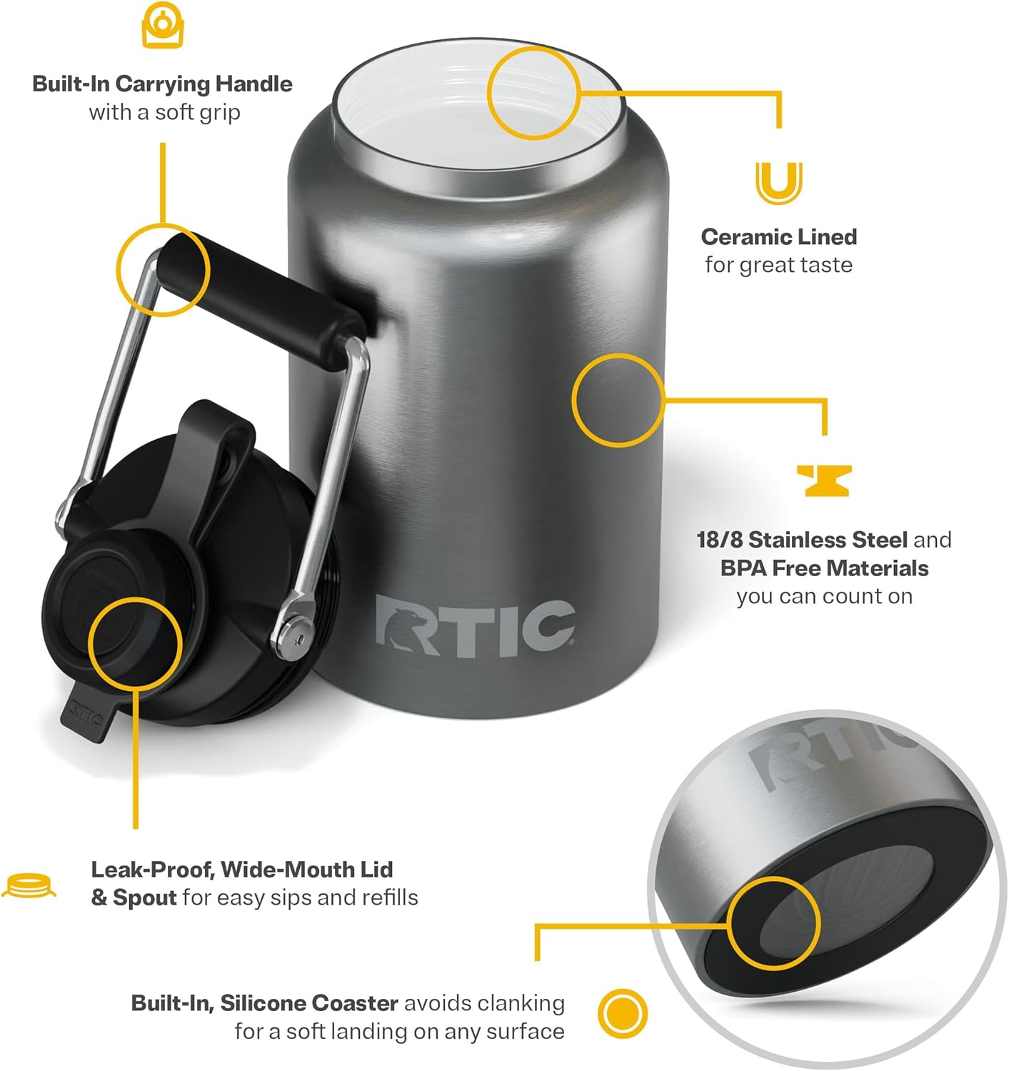 RTIC Half Gallon Outback Jug, Stainless Steel, Ceramic Lined Insulated Water Bottle with Lid and Handle, BPA-Free, Double Wall Vacuum Insulation, Stainless