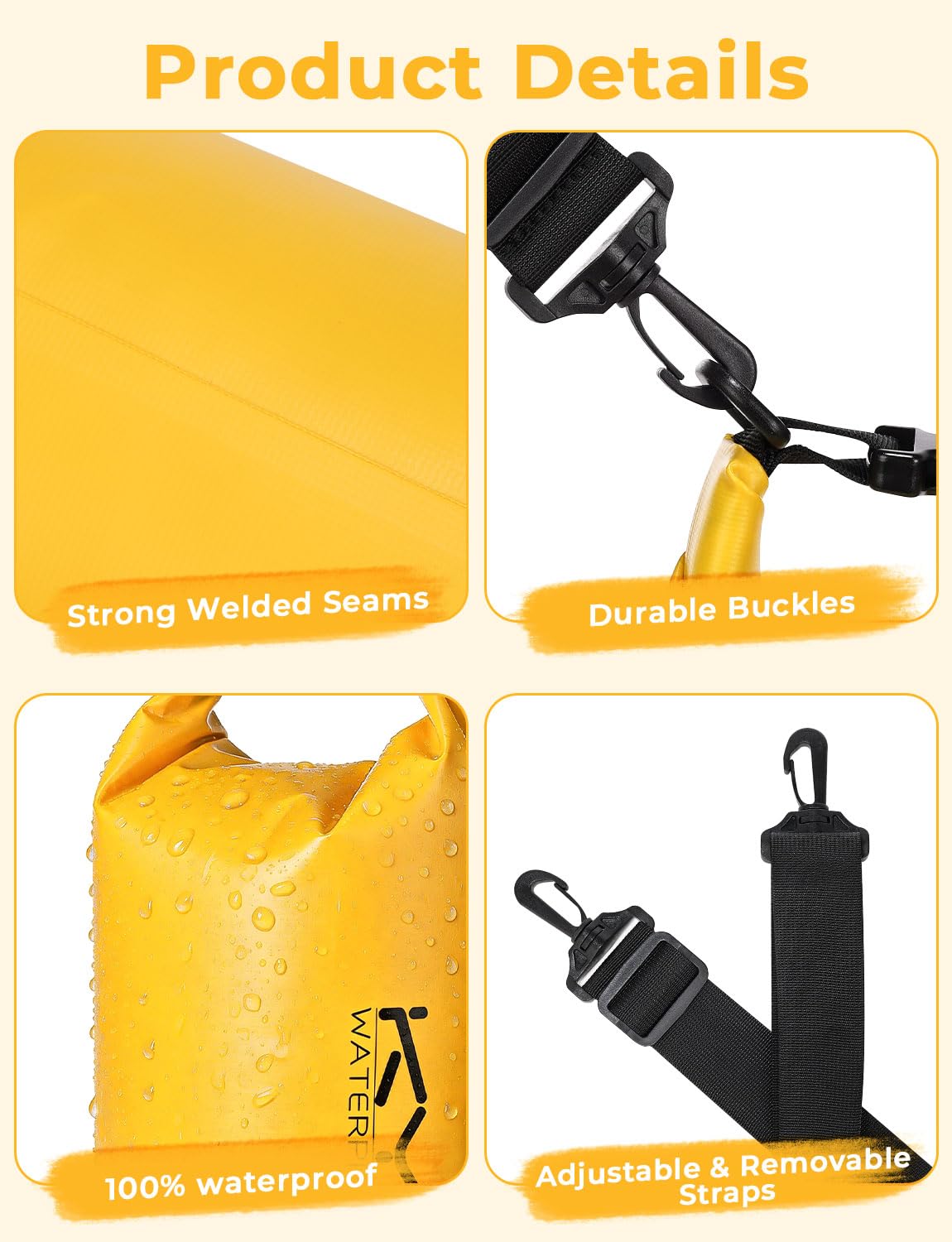 KYG Borsa Impermeabile, 2L/5L/10L Sacca Stagna in PVC, Saldata senza Cuciture – Leggera, Resistente e Galleggiante per Rafting, Trekking Fluviale, kayak, Spiaggia e Campeggio 5L Giallo