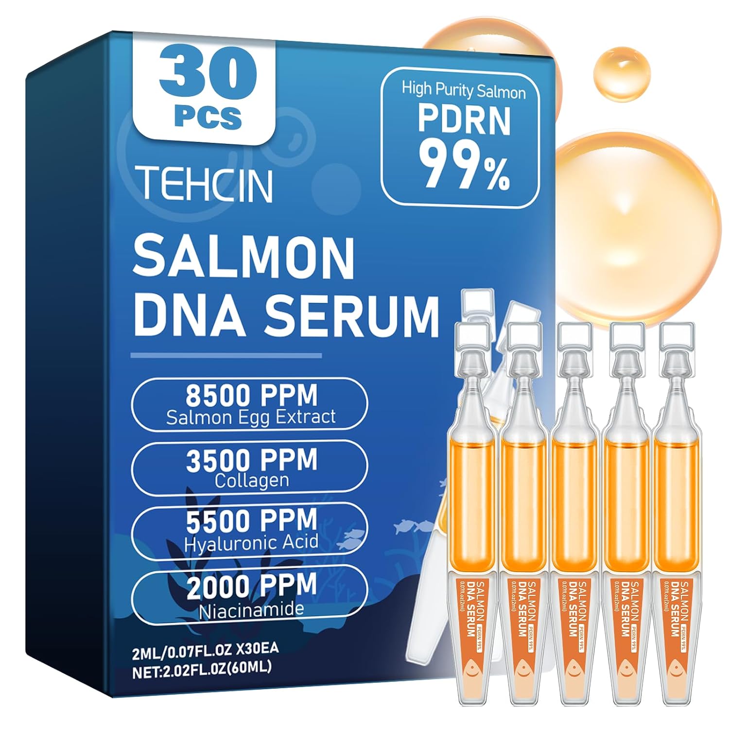 99% Purity Salmon DNA PDRN Ampoules (0.07 fl.oz x 30e), 8500ppm High-Concentration Salmon Egg Extract, Anti-Aging Single-Use Serum, Deep Hydration, Firming & Brightening