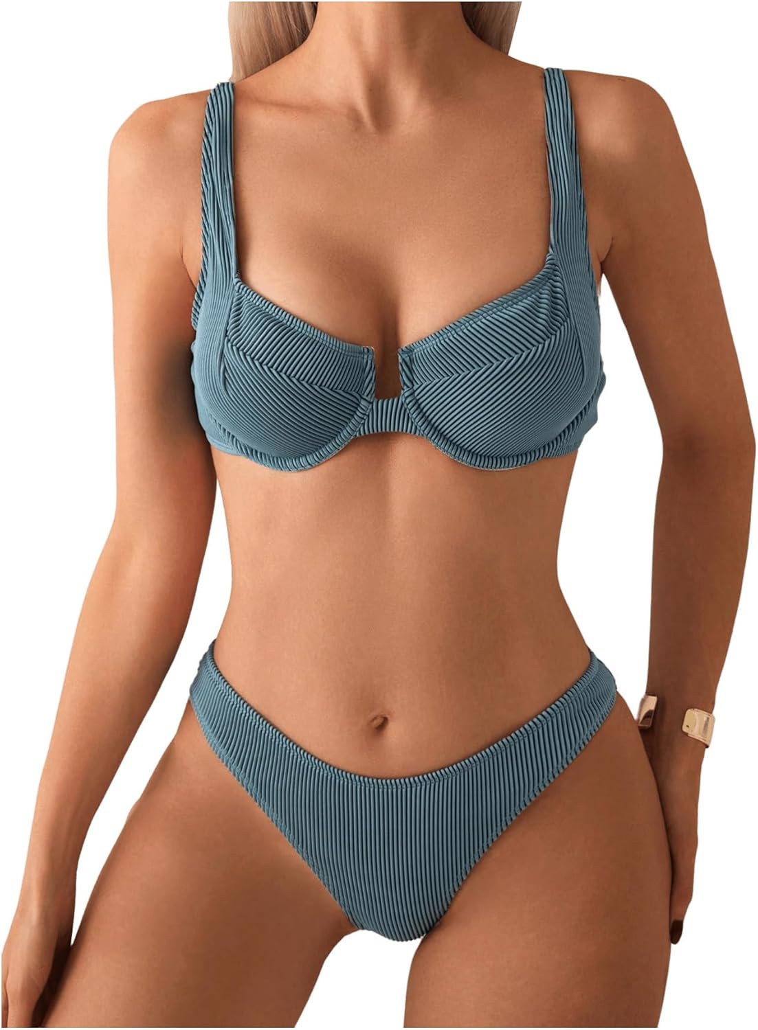 SweatyRocks Women's 2 Piece Bikini Set Striped Print Spaghetti Strap Push Up Swimsuit