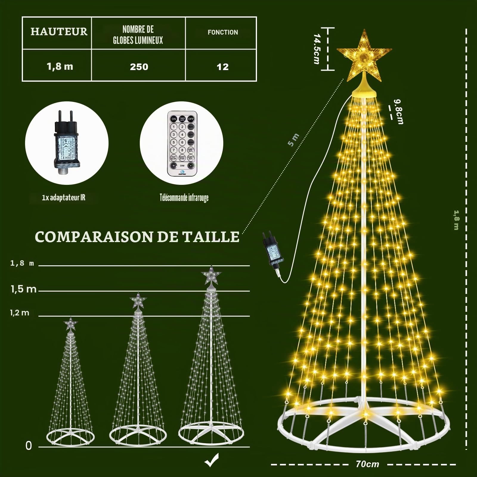 HELESIN Sapin de Noël en Métal en Forme de Grand Cône, 250 LED 12 Modes, Minuterie Sapin Lumineux Exterieur, Éclairage de Noël pour Jardin, Balcon, Décoration, Extérieur (Blanc Chaud avec Support)