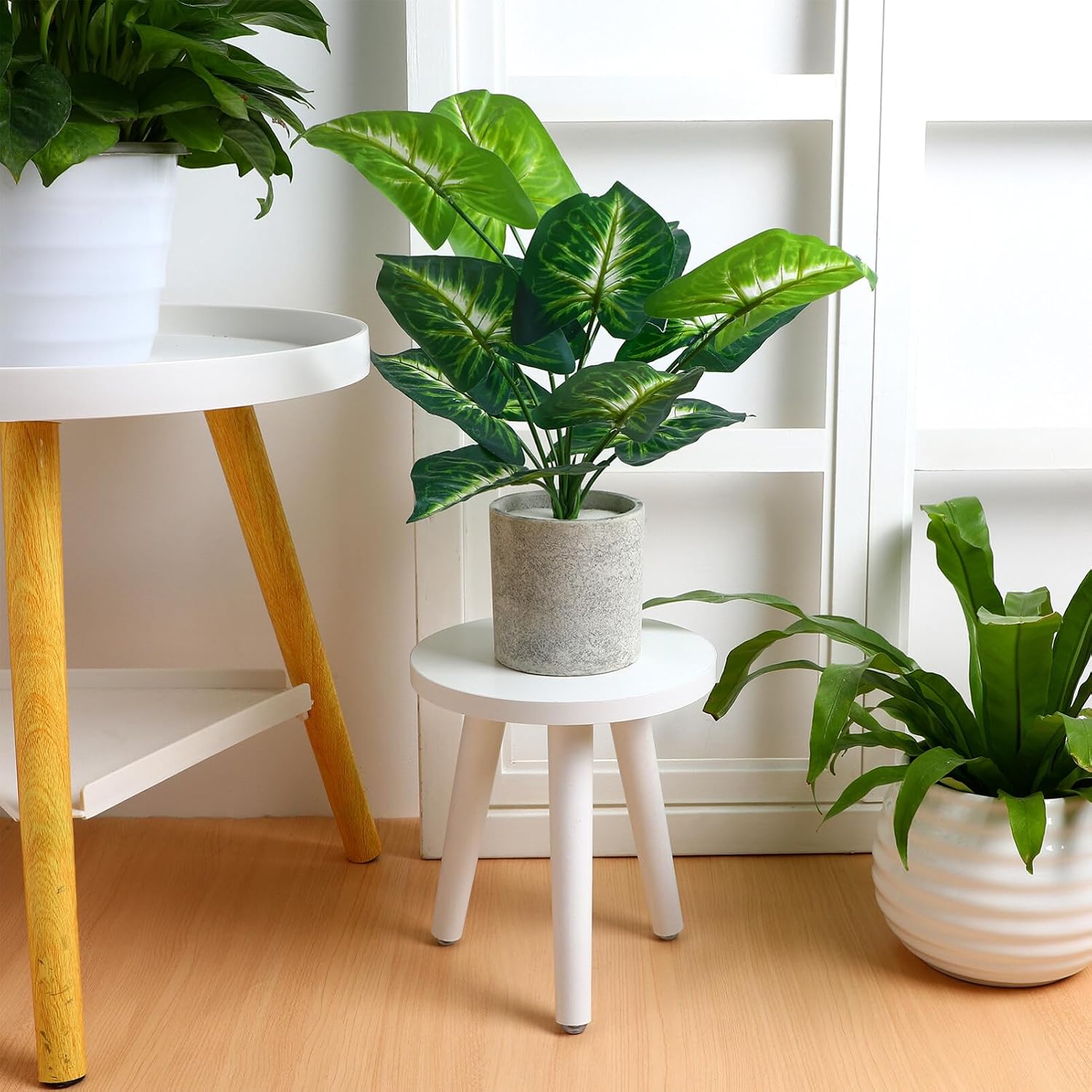 DOITOOL Wooden Plant Stand indoor: Mid Wood Plant Stand Plant Table for Flower Pots - Modern Home Decor Small Round Side End Table 8.9 Tall Plant Holder, White