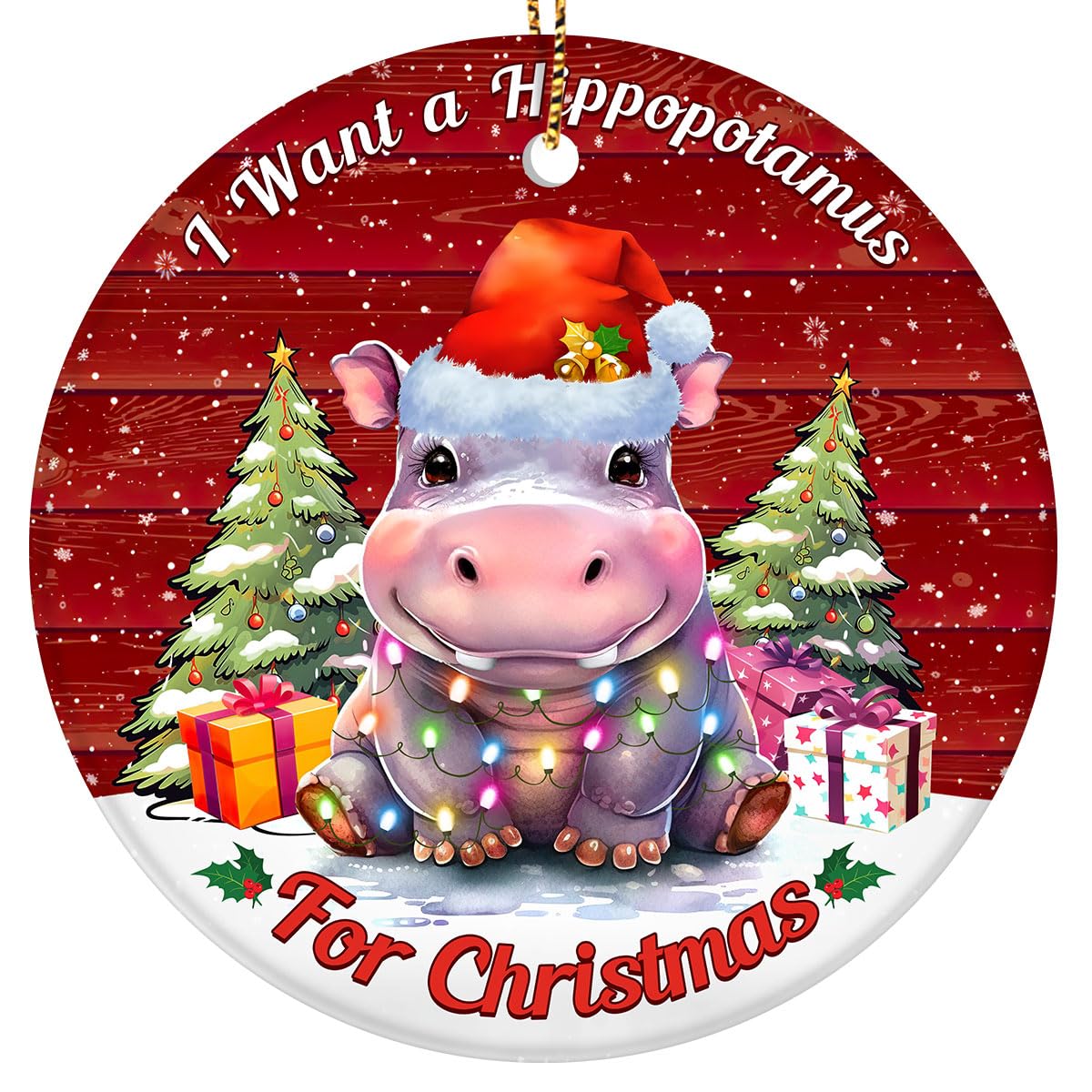 365RUSTIC Hippopotamus Print Ornament - Cute Hippo Hanging Ornament for Xmas Tree Decoration - I Want a Hippopotamus for Christmas Decorative Gifts - 2 Side Printed Ceramic Ornament
