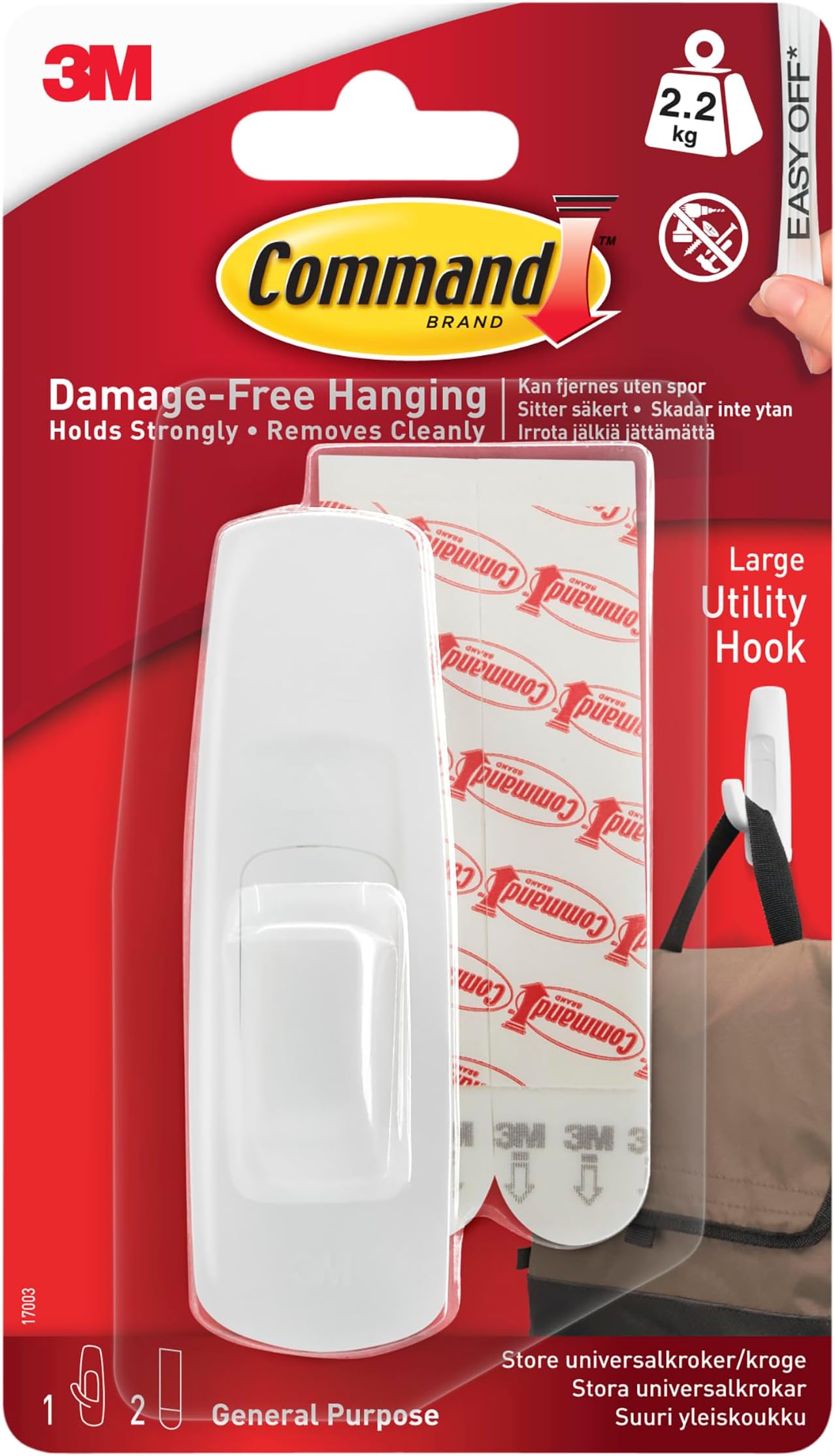 Command Large Utility Hook, Pack of 1 Hook and 2 Adhesive Strips, White - Damage Free Hanging - Holds up to 2.2kg