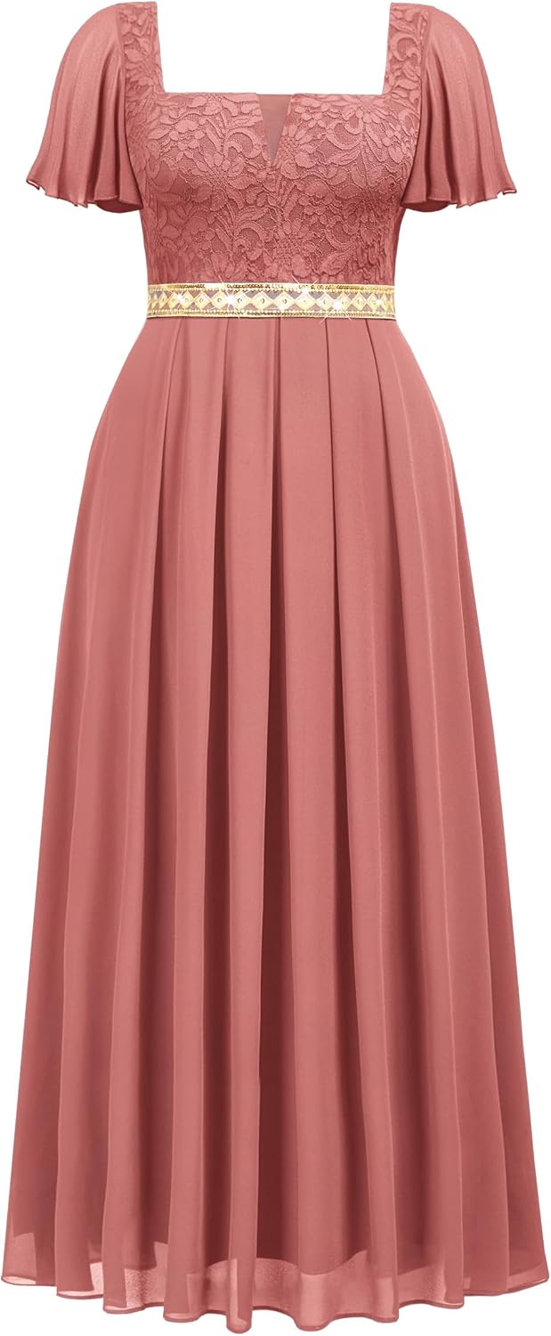 MISSMAY Women's Plus Size Floral Lace Ruffle Sleeves Beads Waist Chiffon Formal Party Maxi Dress - Image 5