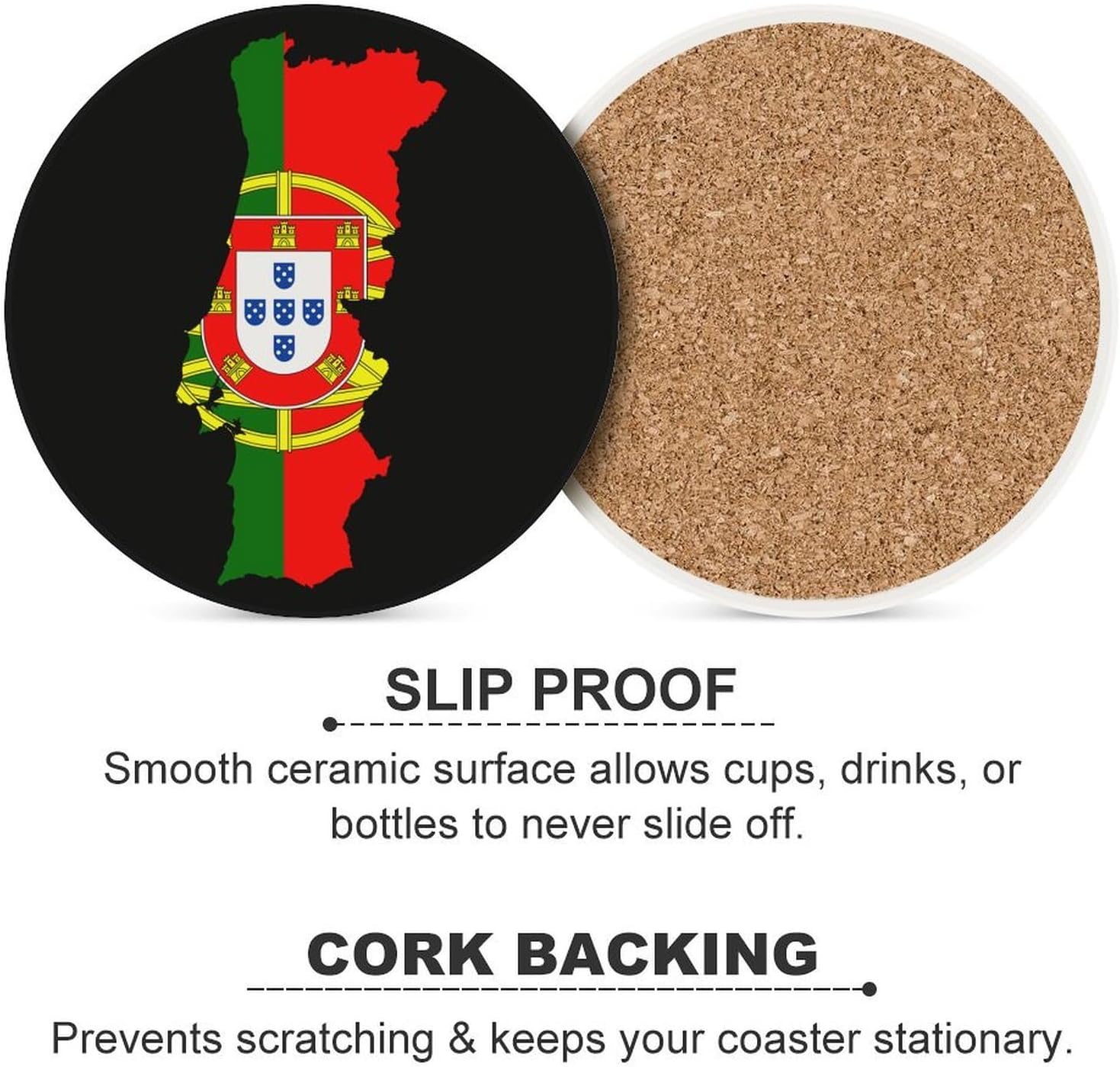 Portugal Flag Map Round Ceramic Coasters for Drinks Absorbent Cup Holder Tabletop Protector with Cork Base