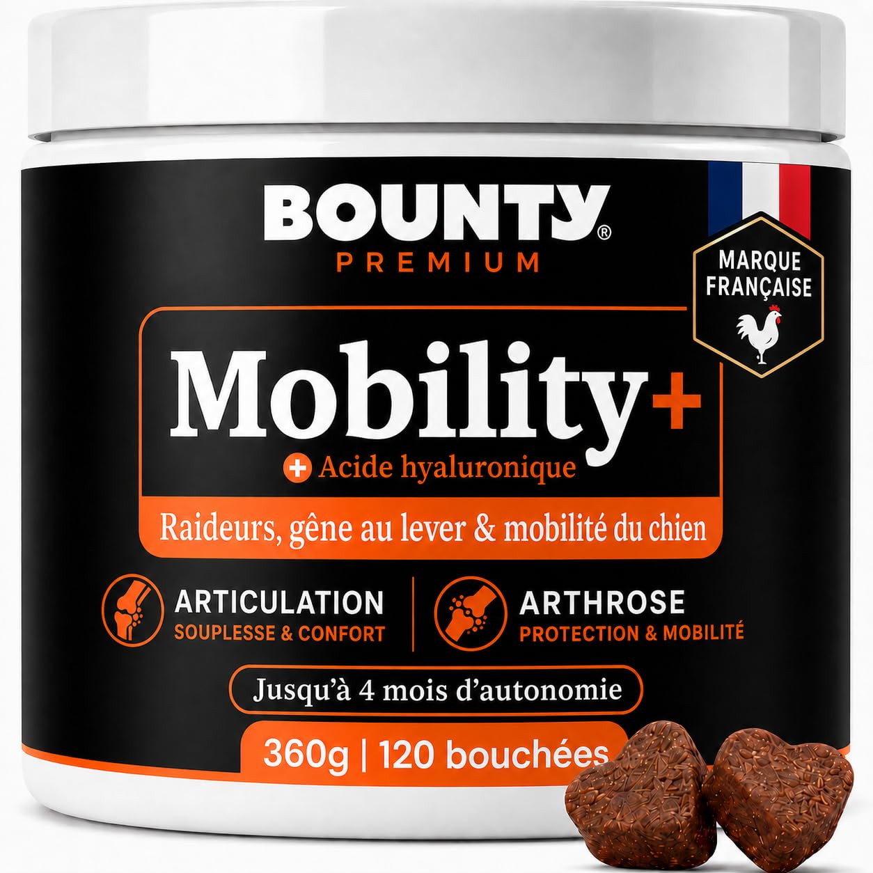 Mobility+ Complément Articulaire Chien – Arthrose & Douleurs Articulaires – 7 Actifs : Glucosamine, Chondroïtine, Collagène, Acide Hyaluronique, MSM – Senior & Grande Race – 120 Bouchées