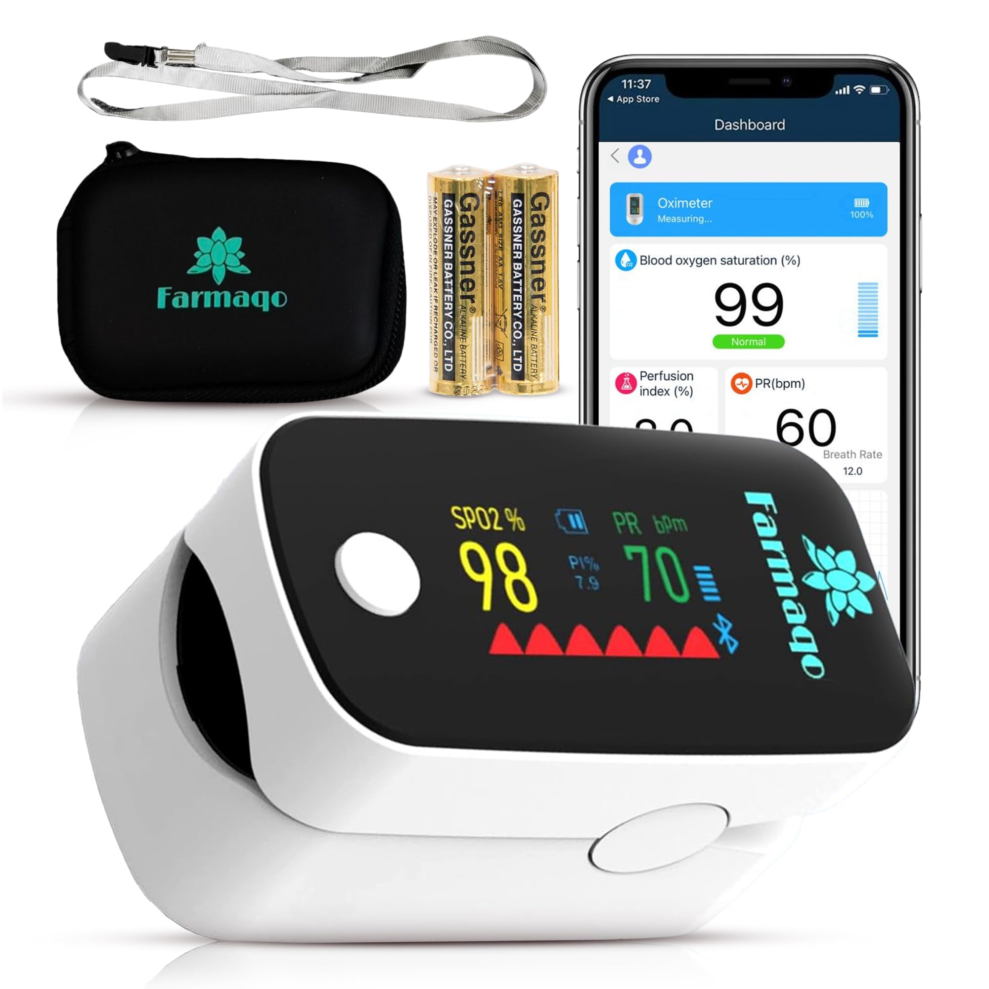 FARMAQO Oxymètre de doigt Saturomètre professionnel médical SPO2 BPM fréquence cardiaque Ecran OLED Bluetooth