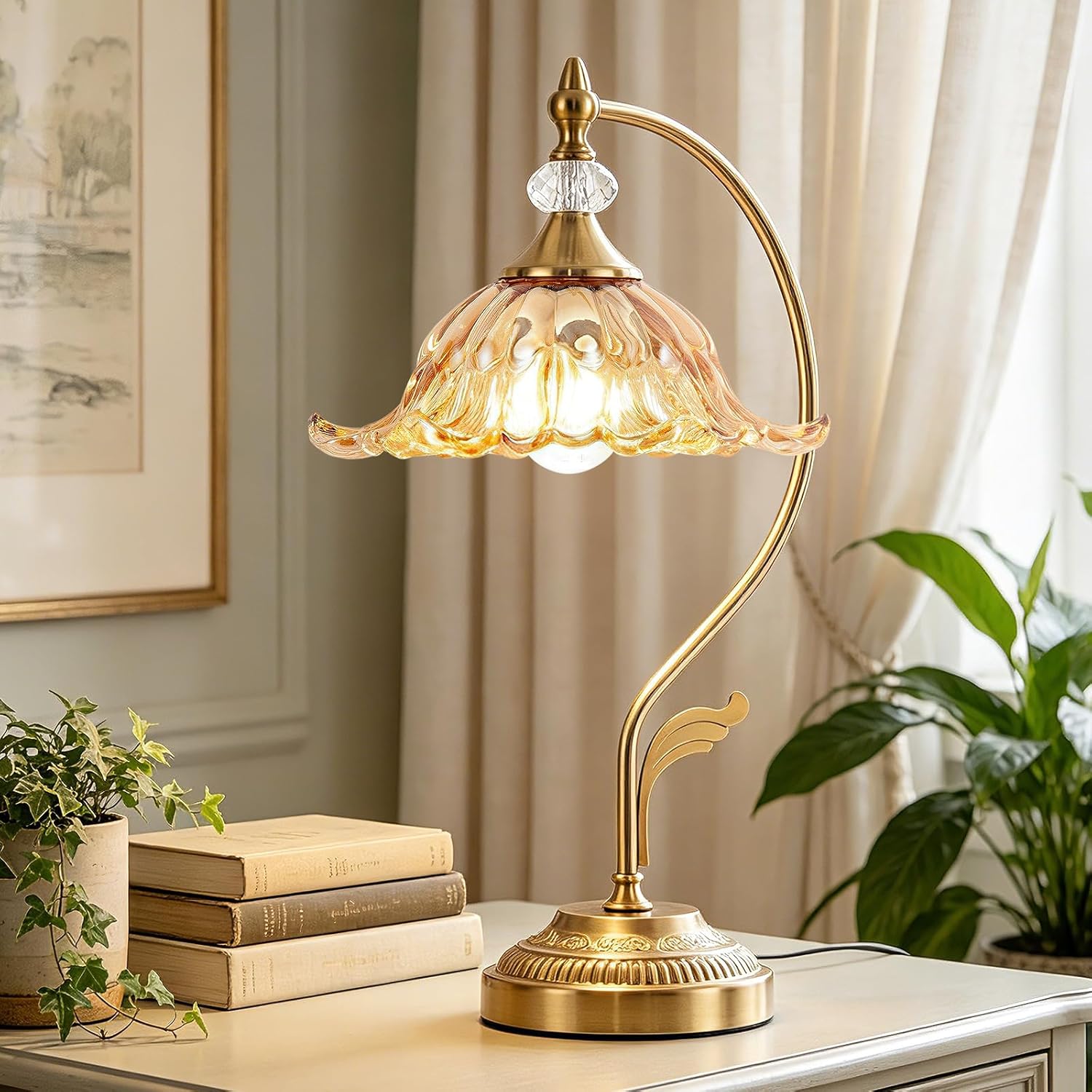Vintage Floral Table Lamp, Plug in Mid-Century Modern Desk Lamp with Amber Glass Shade, Gold Bedside Table Lamp Dimmable for Bedroom Living Room Home Office, E26 Base, UL Listed
