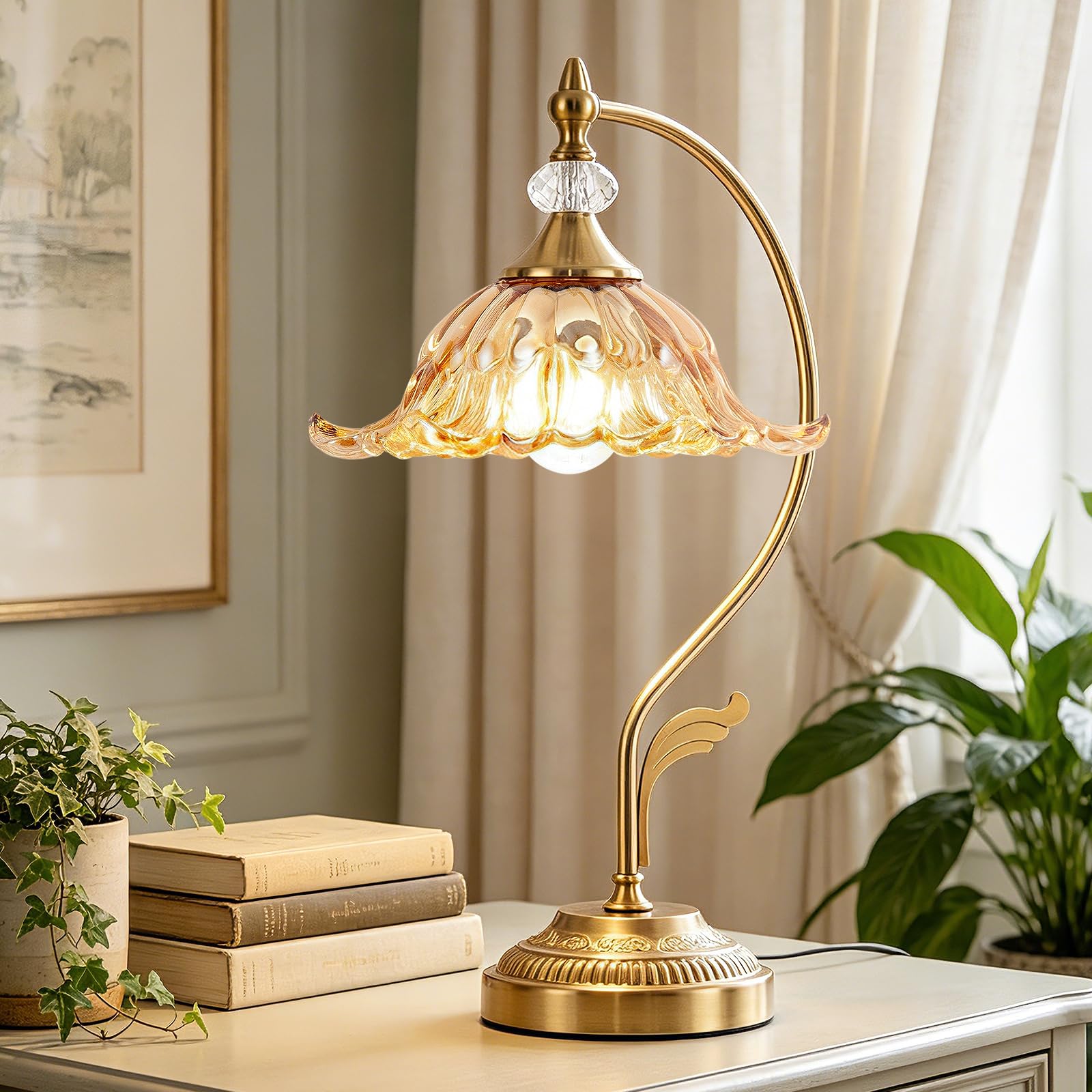 Vintage Table Lamp, Glass Beside Table Light, Plug-in Flower Nightstand Lamp, Table Lamps for Bedroom,Living Room,Home Office(Amber)
