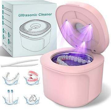 Ultrasonic Retainer Cleaner, Dental Cleaning Pod with U-V Lights, 45kHz Retainer Cleaner Machine for Dentures, Toothbrush Heads, Jewelry, Aligner, Night Mouth Guards Pink