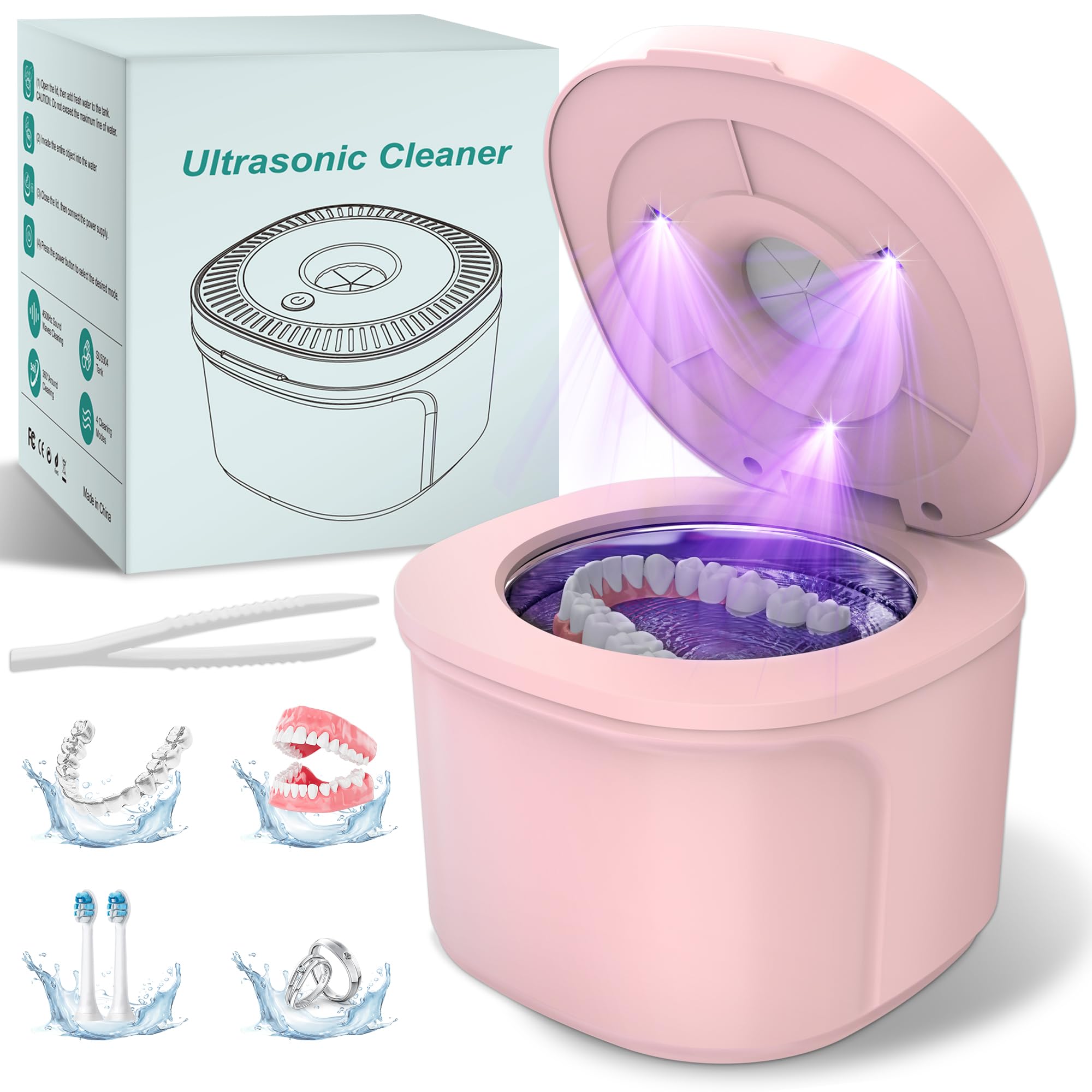 Limpiador ultrasónico de retención, cápsula de limpieza dental con luces U-V, máquina limpiadora de retenedores de 45 kHz para prótesis, cabezales de cepillo de dientes, joyas, alineadores