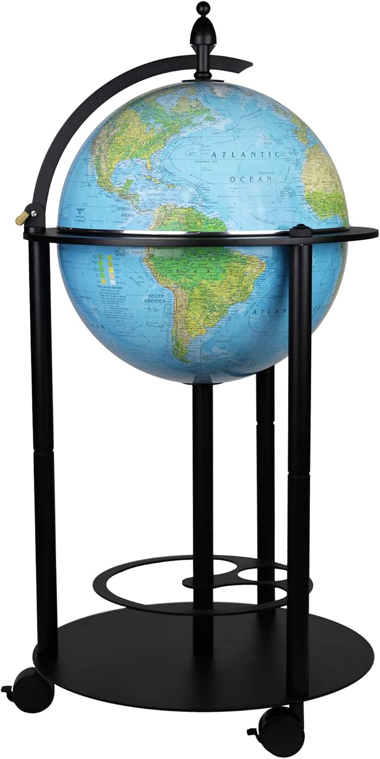 Empire Illuminated Bar Globe 16" diameter Blue Ocean Topographical/Political map with up to date cartography, Made in USA. Includes Free Stainless Steel Large Whisky Chilling Balls Gift Set with Molded Globe Details.