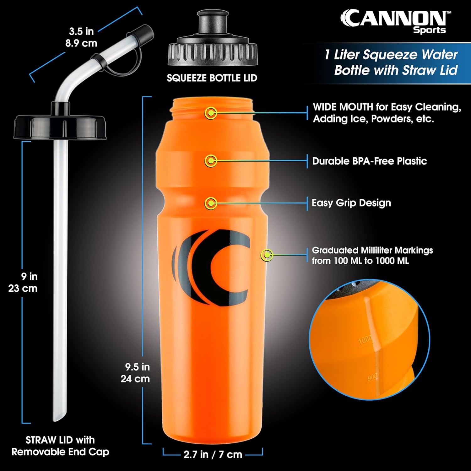 Cannon Sports 1 Liter Sports Water Bottle, BPA-Free, 34 Oz Capacity, Large Mouth, 2 lids (Straw and Squeeze), Great For Helmet Sports Such As Hockey, Lacrosse, Football, Boxing (Orange) - Image 2
