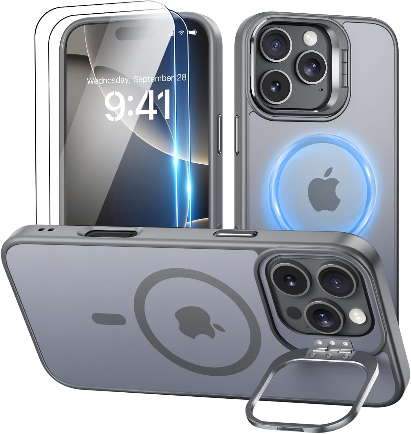 Beasyjoy Magnetic for iPhone 16 Pro Case with Stand, Military Grade Drop Protection, Compatible with MagSafe, Slim Translucent Matte Shockproof Phone Protective Case for iPhone 16 Pro 6.3", Grey