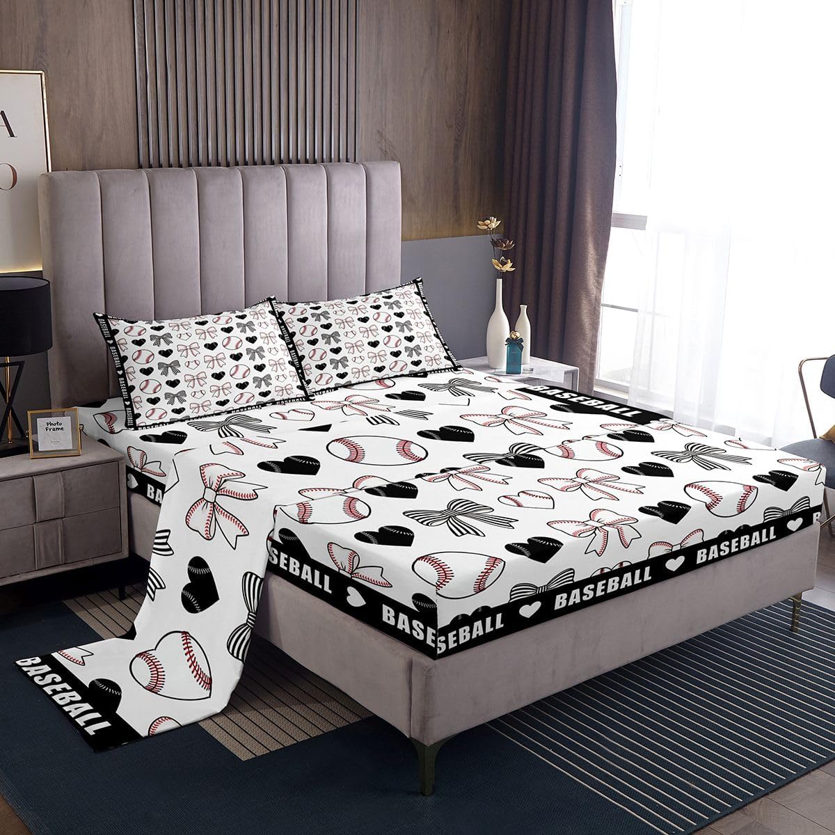 Vintage Baseball Top Flat Sheet Queen Size,Baseball Bat Cap Bedding Sets 4Pcs for Kids Girls Boys Teens Room Decor,Sports Equipment Fitted Sheets Patchwork Plaid Sheet(Fitted+Flat+2 PIllowcases)