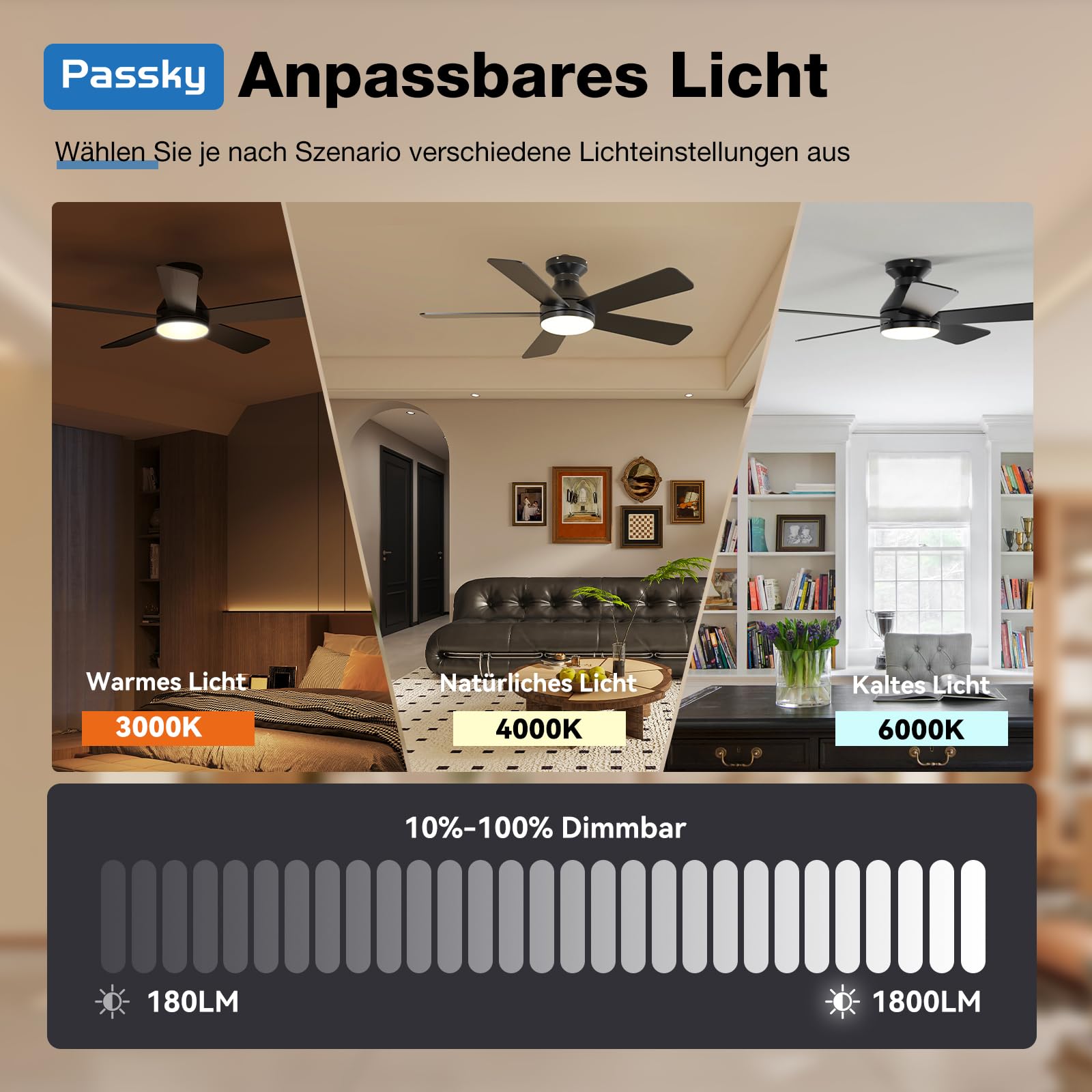 Passky 107cm Deckenventilator mit Beleuchtung & Fernbedienung, leiser DC-Motor, 6 Geschwindigkeiten, Dimmbare LED-Leuchte, 3 Farbtemperaturen Schwarz