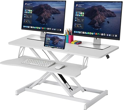 Convertidor de escritorio de pie de 37 pulgadas, resorte neumático manual, convertidor de escritorio estable de dos monitores, estación de trabajo