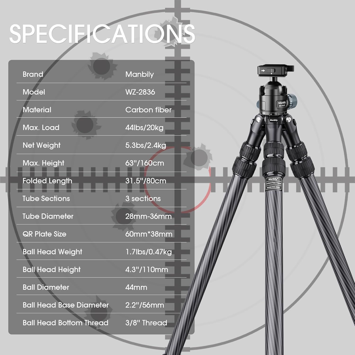 Manbily Carbon Fiber Hunting Tripod with 44mm Ball Head and Arca Swiss & Picatinny Adapters, 63" Heavy Duty Stable Inverted Tripod for Hunting, Shooting, and Outdoors (WZ-2836)