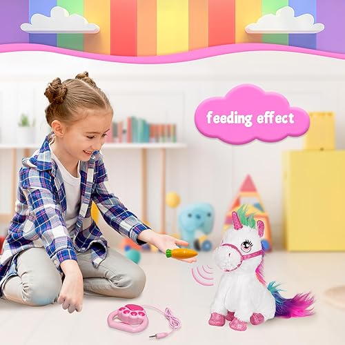 Miniatura 3 de Juguete interactivo de unicornio para mascotas con control remoto de correa, caminar, sentarse y "comer"; cuerno iluminado, modo táctil y sonido,