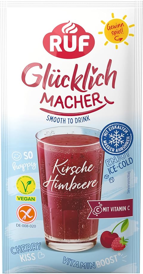 RUF Glücklichmacher Smooth to Drink Kirsche Himbeer, Getränkepulver Himbeer Kirsch mit Vitamin C, Sommerdrink zum Anrühren, ideal für Smoothies, Milchshake & Slush Eis, vegan, glutenfrei, 1 x 47g