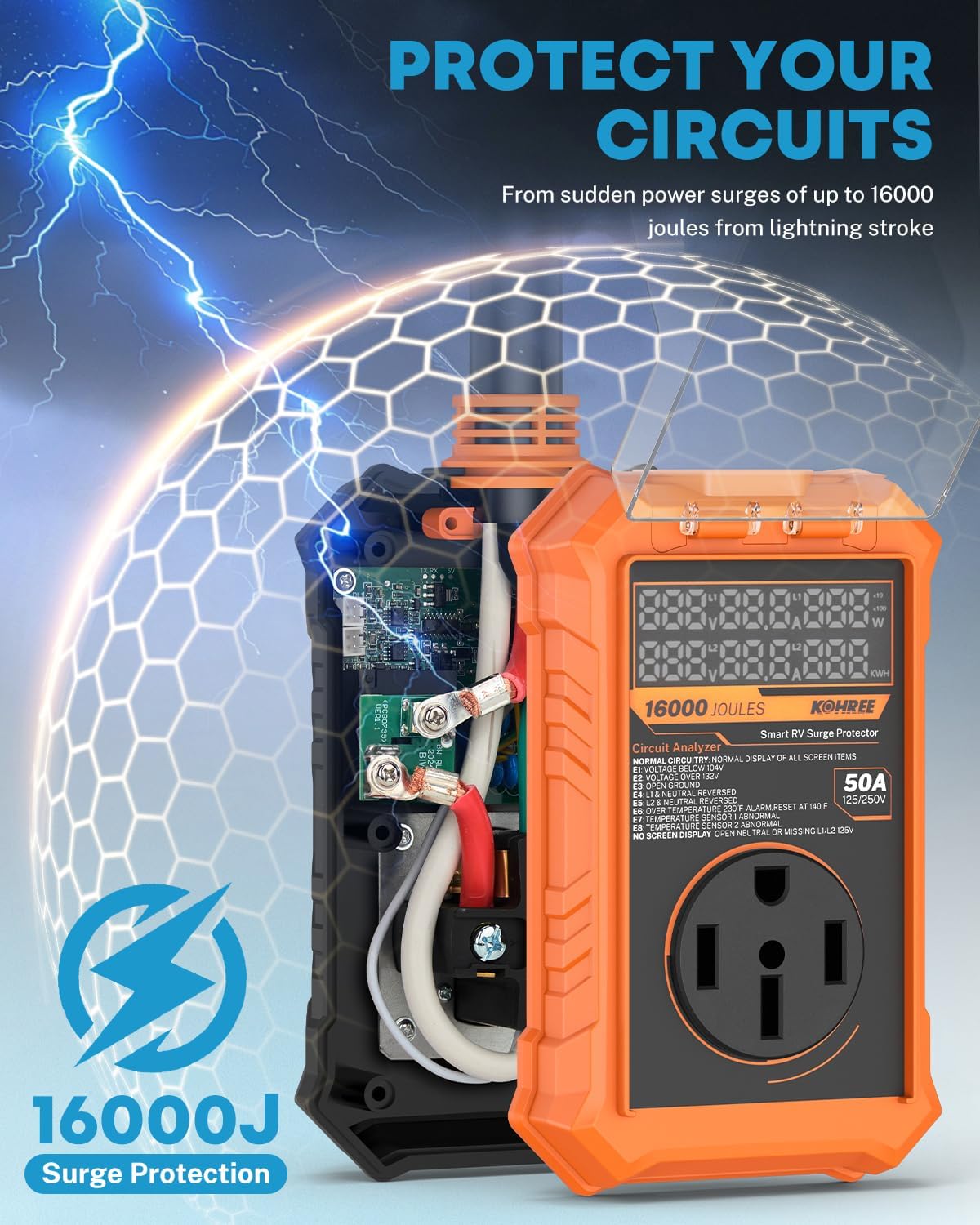 Kohree RV Surge Protector 50 Amp, RV Power Surge Voltage Protection, RV Adapter Plug with Real-Time Circuit Analyzer Smart Auto Shut Off LED Large Screen for Travel Trailers Camper, 50A 16000J-Orange