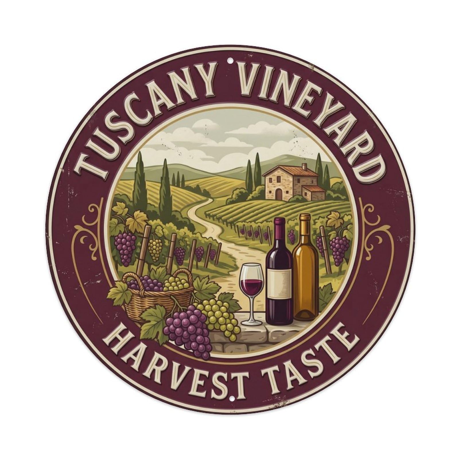 Vineyard Harvest Taste Tuscany Landscape Metal Tin Sign Plaque Wall Decor for Cafe, Club Bar, Office, Home Garden Round Metal Poster 8x8Inch