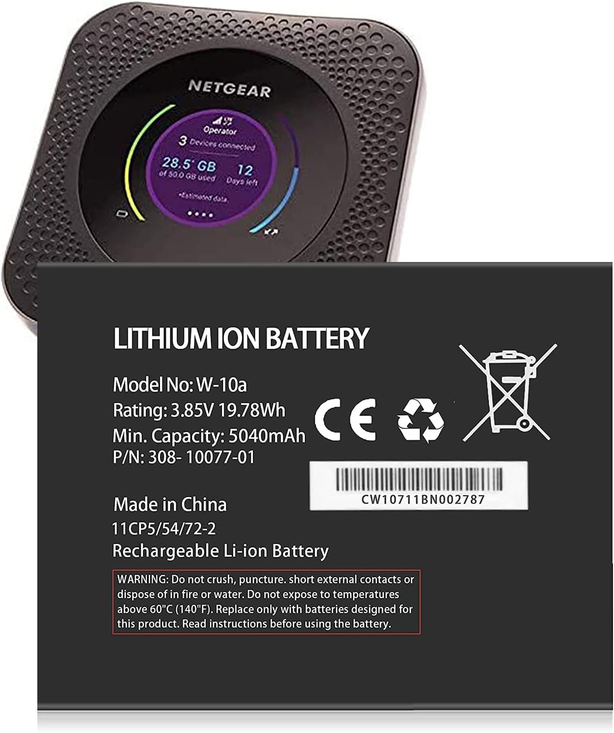 W-10A Battery,[5040mAh] New Upgrade Ultra-high Capacity 0 Cycle Battery Replacement for Netgear MR1100 AT&T Nighthawk M1 LTE Mobile Hotspot Router Netgear 308-10019-01 W-10 W-10 : Cell Phones & Accessories