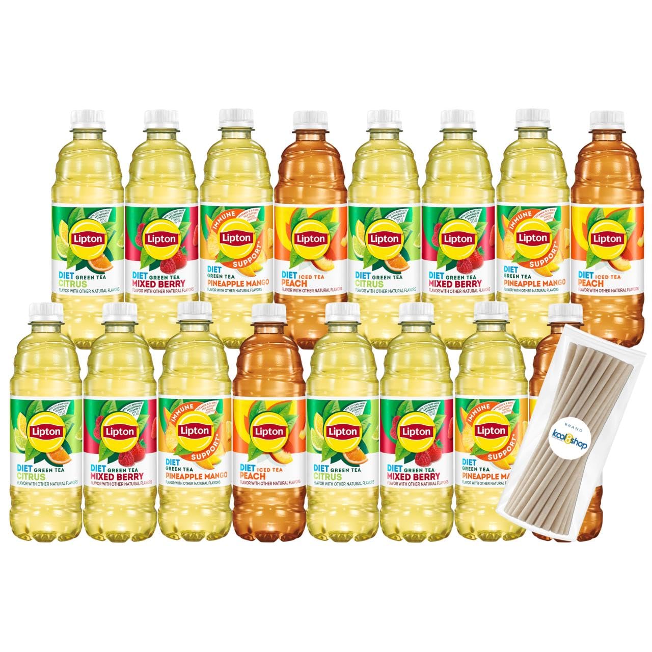 Lipton Diet Variety Pack Green and Iced Tea 16.9 fl oz Plastic Bottle 16 Pack + 15 Sugarcane Disposable Straws by KOOL8SHOP Infinite Deals