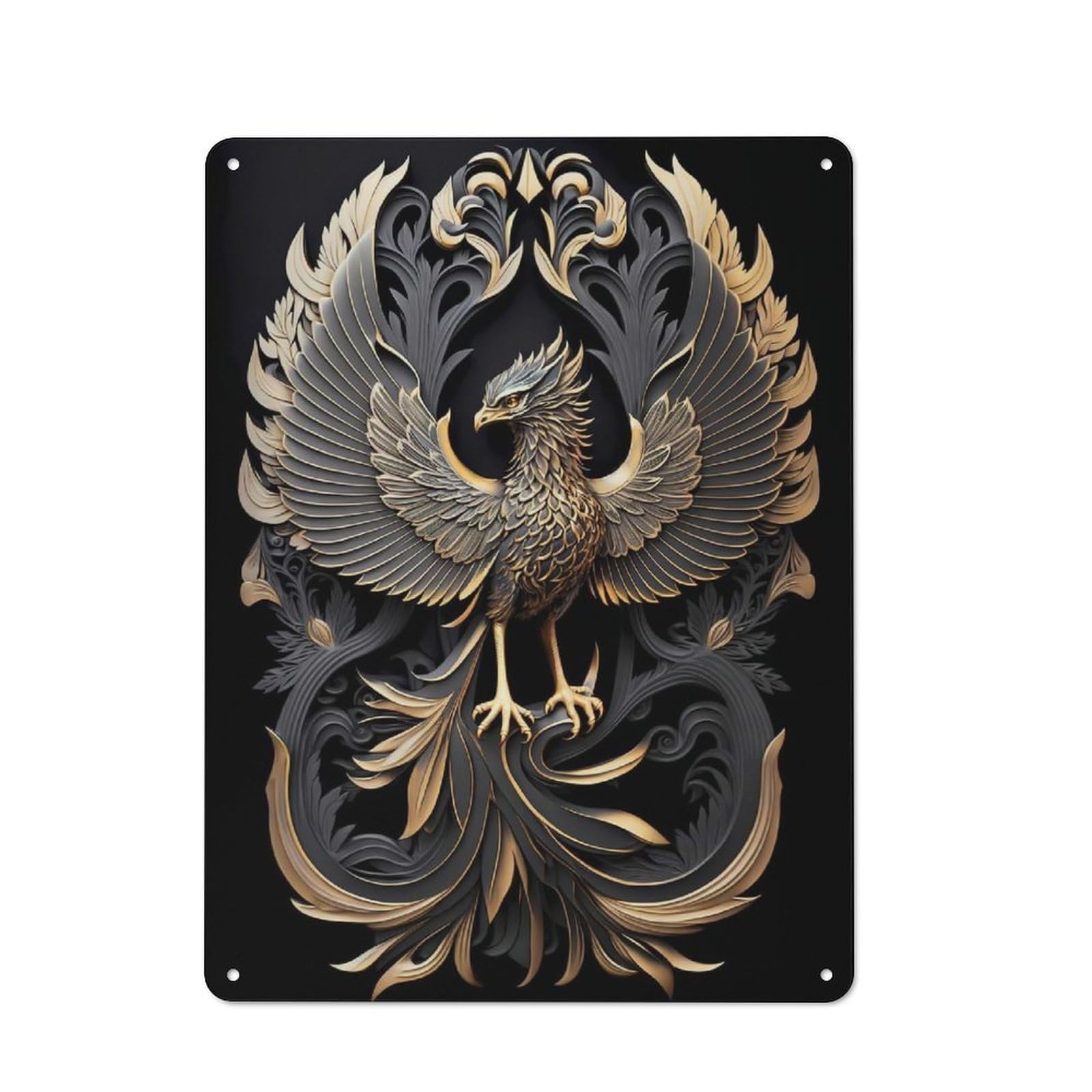Junmoney Style-4 Shed Style Decorative Metal Plaque 40X30cm Featuring Majestic Golden Phoenix, Porch Wall Decor For Patio Bar, Workshop, Shed Or Kitchen