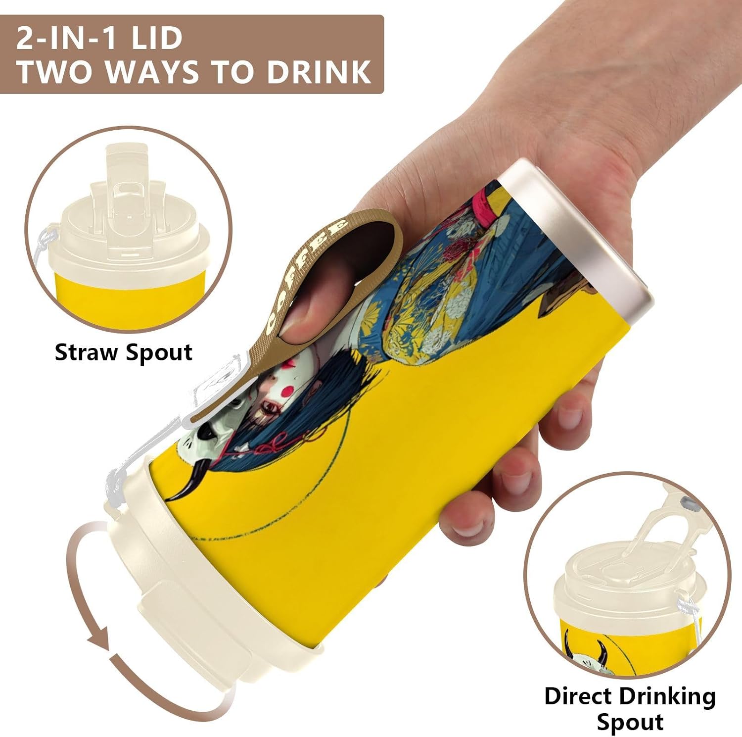 Oni Mask Woman Yellow Insulated Coffee Mug with Straw & Flip Lid, 16.9oz Iced Tumbler Cup, Double Wall Vacuum Mug for Travel Office