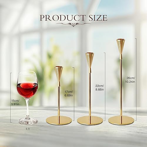 Miniatura 4 de Juego de 3 portavelas de cono de metal dorado (velas no incluidas), soporte para velas de poste alto, adorno central de mesa de comedor, chimenea