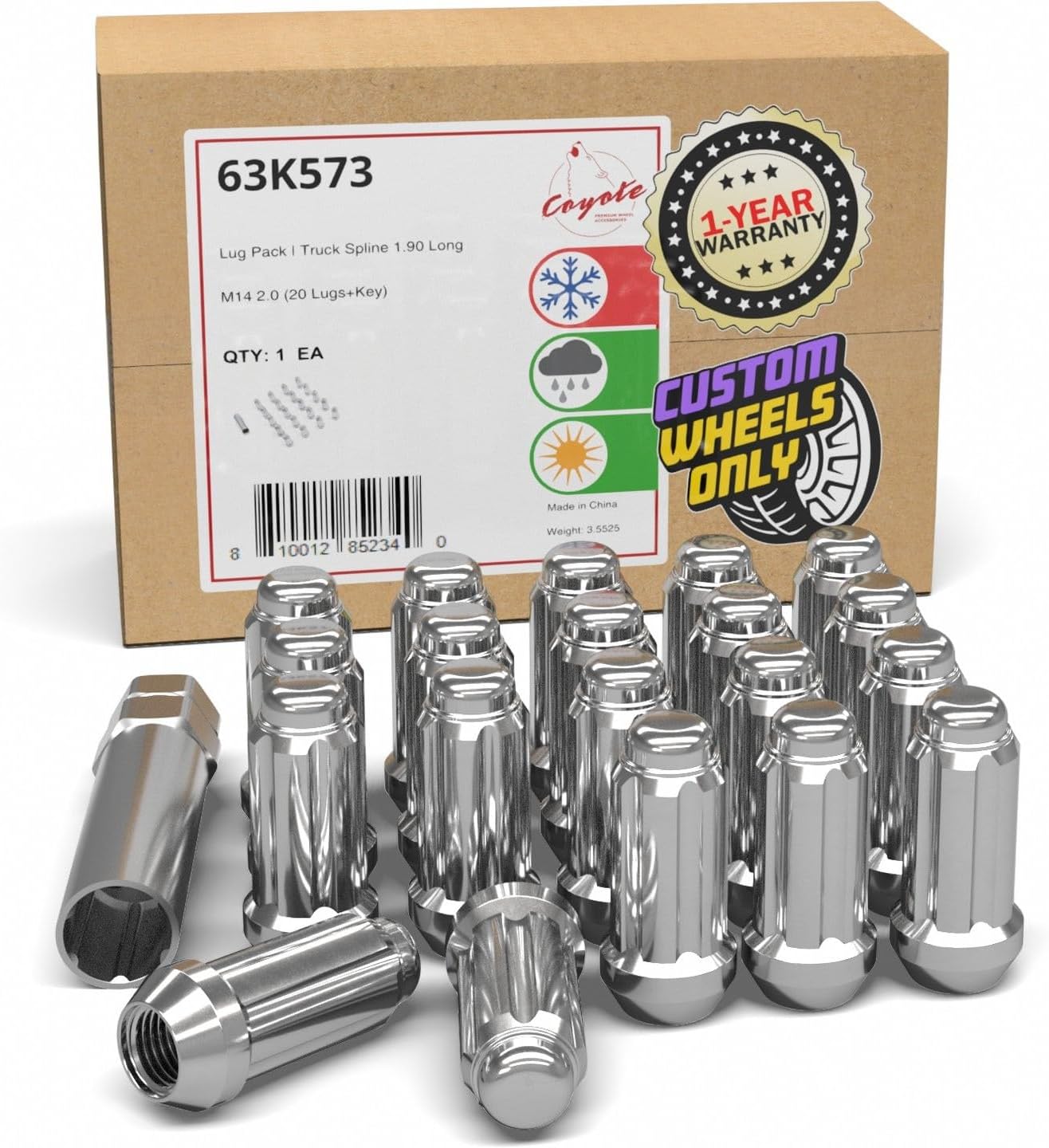 Wheel Accessories Parts 20 Pcs M14x2 14x2 Thread Truck 2.00" Long Spline Lug Nuts Chrome 6 Spline Hex Fits 2000-02 Ford Expedition 2000-02 Lincoln Navigator