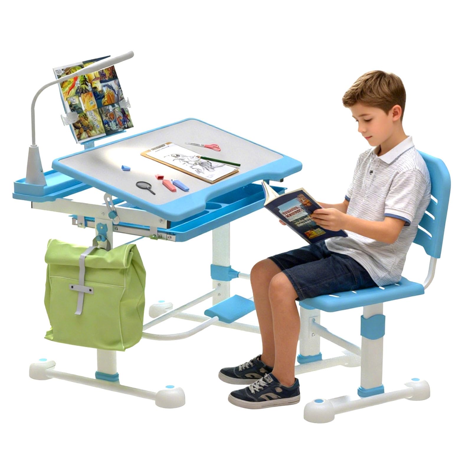 Children's Desk 6 – 12 Years with LED Light and Tilting Board – Height Adjustable Children's Desk, Children's Desk for Study, Homework, Reading – [Blue]