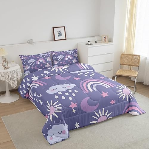 Miniatura 3 de Juego de edredón de arcoíris y nubes para guardería, tamaño individual, para niños y niñas, lindo juego de edredón de sol y luna, edredón de