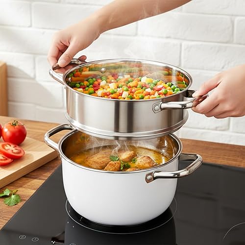 Miniatura 7 de Olla de vapor de 2 niveles con tapa, vaporizador de alimentos de acero inoxidable de 4 cuartos de galón para cocinar, multiusos para verduras,