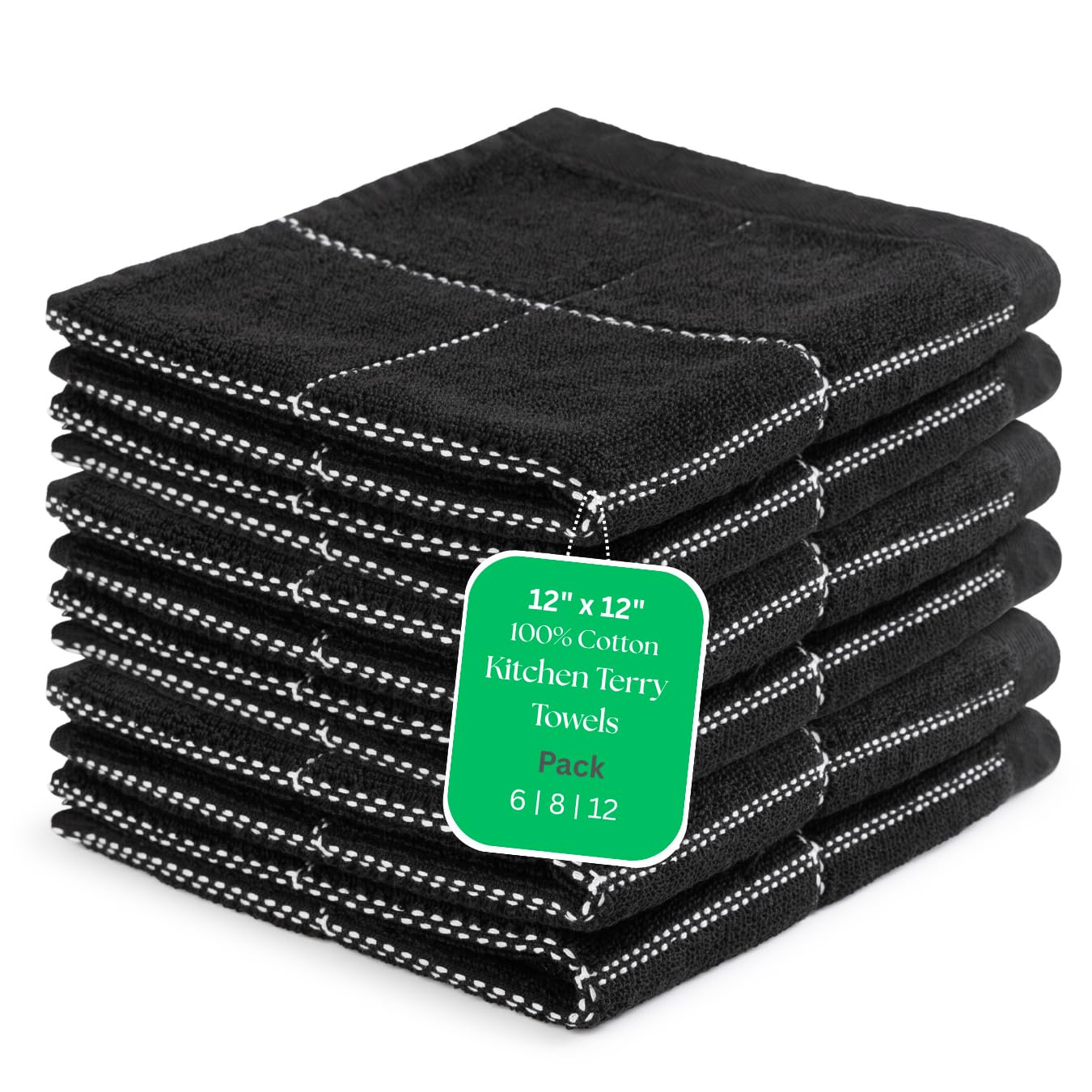Cotton Terry Cloth Kitchen Towels (12"x12") 6 Pc, with Hanging Loops, High GSM Super Absorbent, Quick-Drying, Black & White Checkered, Best for Dish