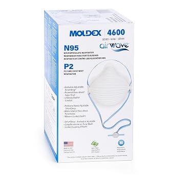 Moldex 4600 N95 AirWave Disposable Particulate Respirator Mask with SmartStrap, Medium/Large, NIOSH Approved, White, Pack of 10, Size Medium/Large