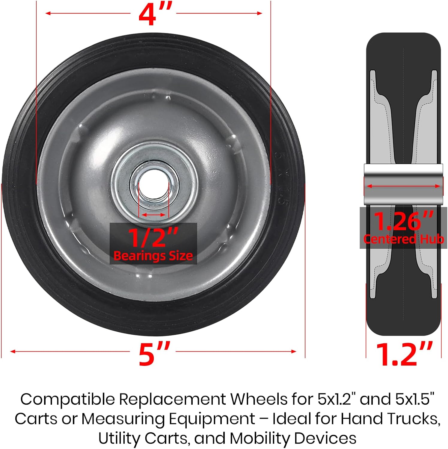 ar-pro (2-pack) 5" x 1.2" flat free solid rubber wheel assemblies - replacement hand truck wheels with ball bearings and 1/2" bore hole diameter - heavy-duty solid rubber tire 88 lbs load capacity 5"x1.2