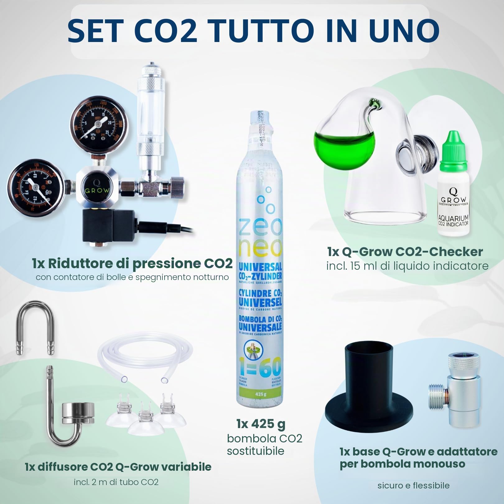 Q-Grow - Impianto di CO2 per acquario, set completo con cilindro di CO2, semplice e universale, con diffusore in acciaio inox, test permanente, riduttore di pressione, bottiglia di CO2 da 425 g, fino