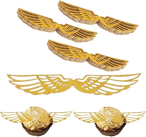 50 piezas de alas doradas con purpurina para fiesta de mago, decoración de chocolate, alas doradas con 50 puntos de pegamento, decoración de