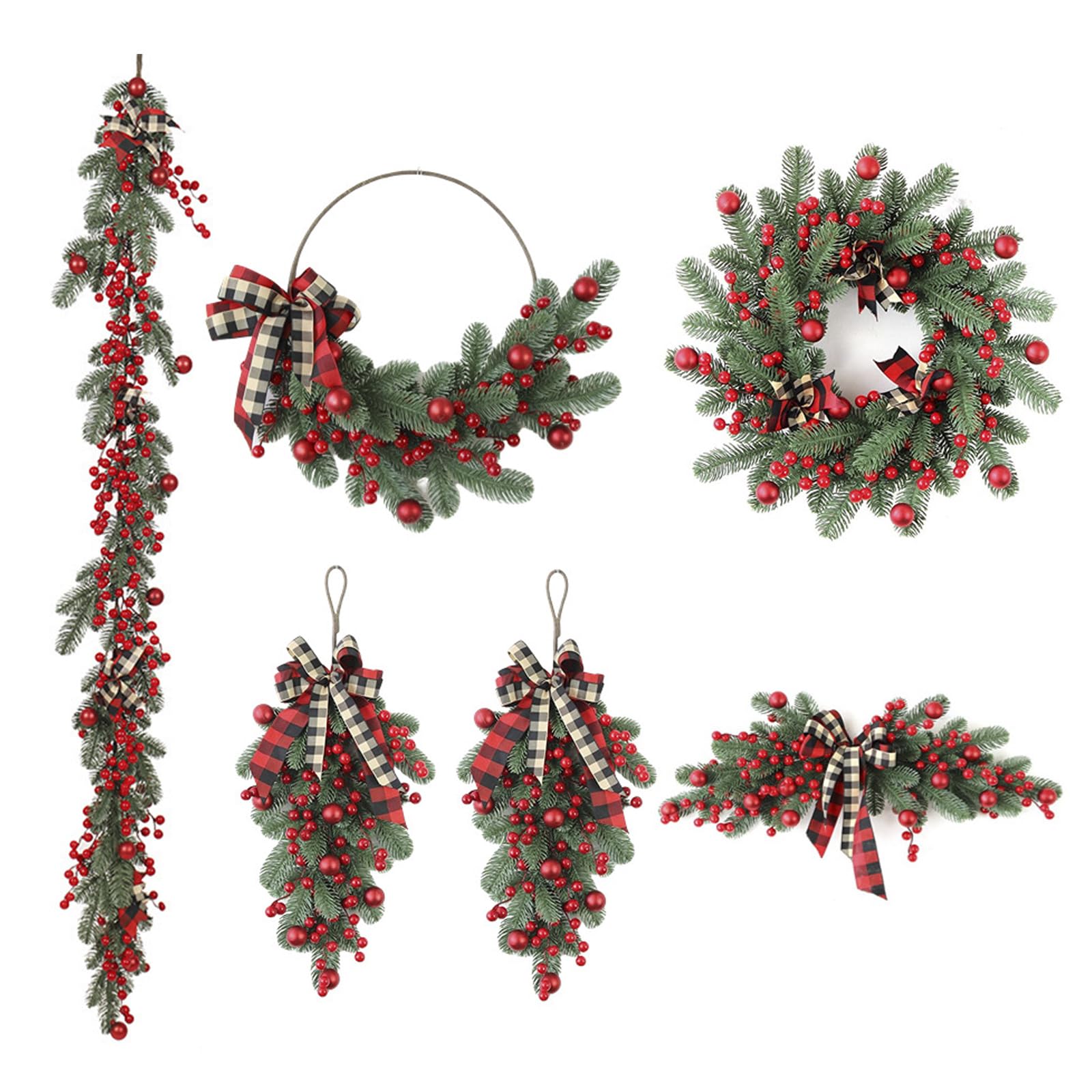 6-teiliges Set künstlichen Weihnachtskränzen und Weihnachtsgirlanden, 1,6 m Tannengirlande für Kamin, winterliche Weihnachtsdeko für Treppen,Tische,Verandas,Türen,drinnen,draußen,Hause