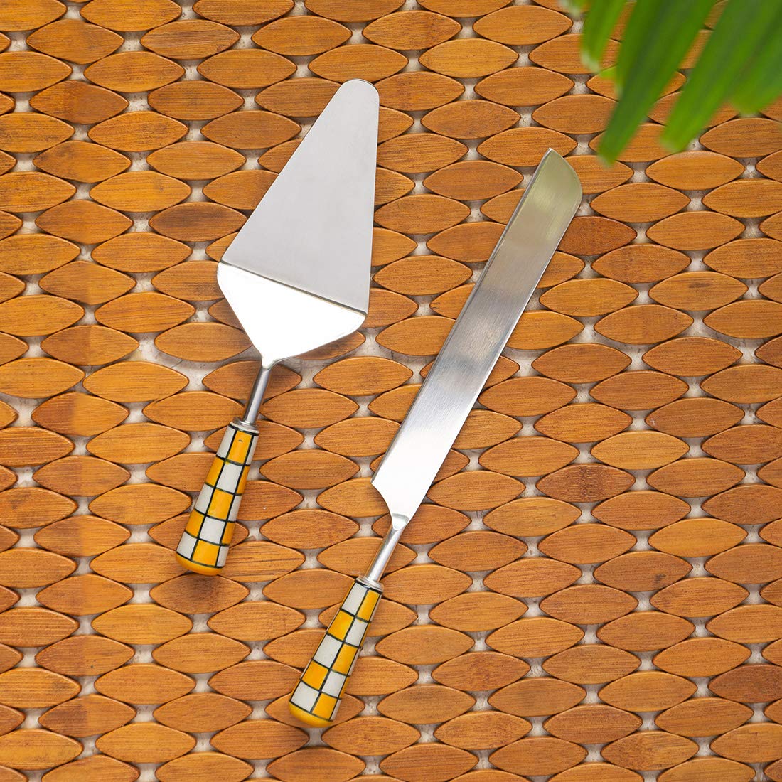 ExclusiveLane 'Shatranj Check' Handpainted Cake Server Spatula & Bread Knife in Stainless Steel & Ceramic (Set of 2) - Cake Cutting Knife Pizza Server Bread Cutting Knife for Kitchen Tools Serveware