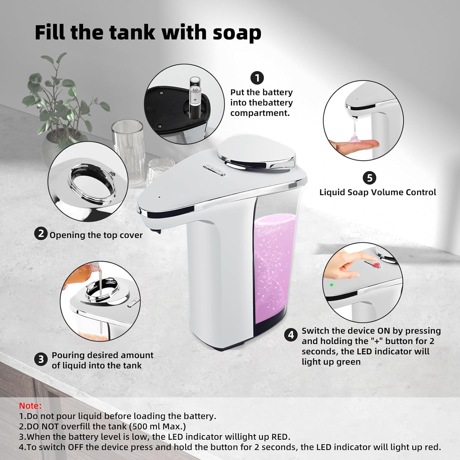 Dispensador automático de jabón, dispensador de jabón de manos y platos sin contacto, funciona con pilas, dispensador de jabón líquido con sensor, 480 ml para fregadero de cocina, baño