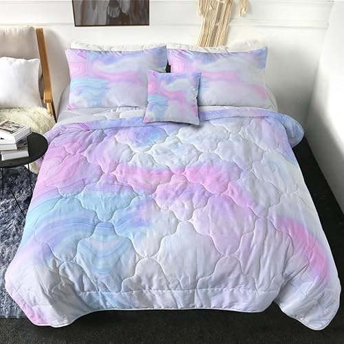 Sleepwish Comforter Set Pastel Marble Pattern Full Size Bed Set 4-Piece Pink Blue Lavender Bedding Set for Kids Girls