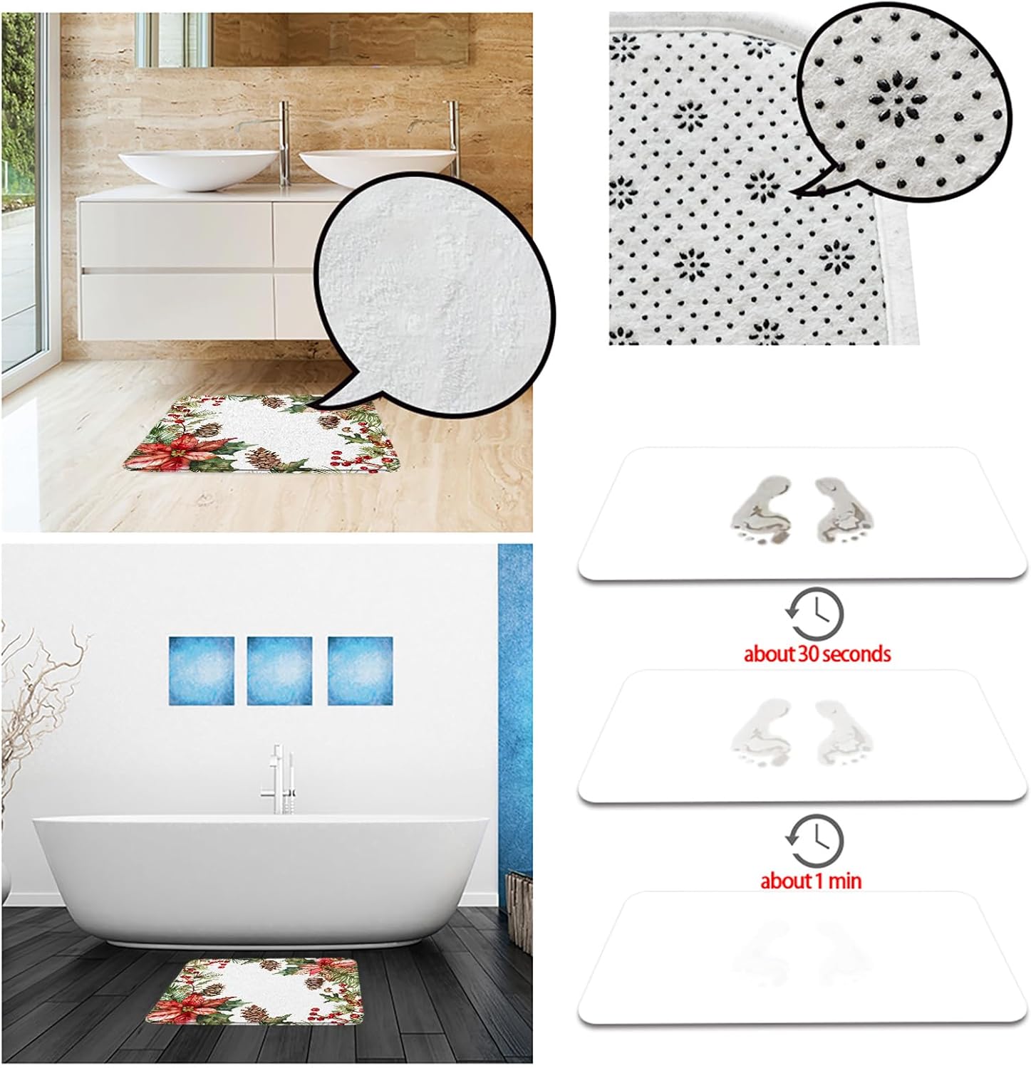 GCTNBJL Christmas Bath Mat Poinsettia Flower Red Berry Green Leaves Floral Rustic Winter Holiday Merry Christmas Bathroom Floor Decor Rug for Shower Buthtub,24x60 Inch