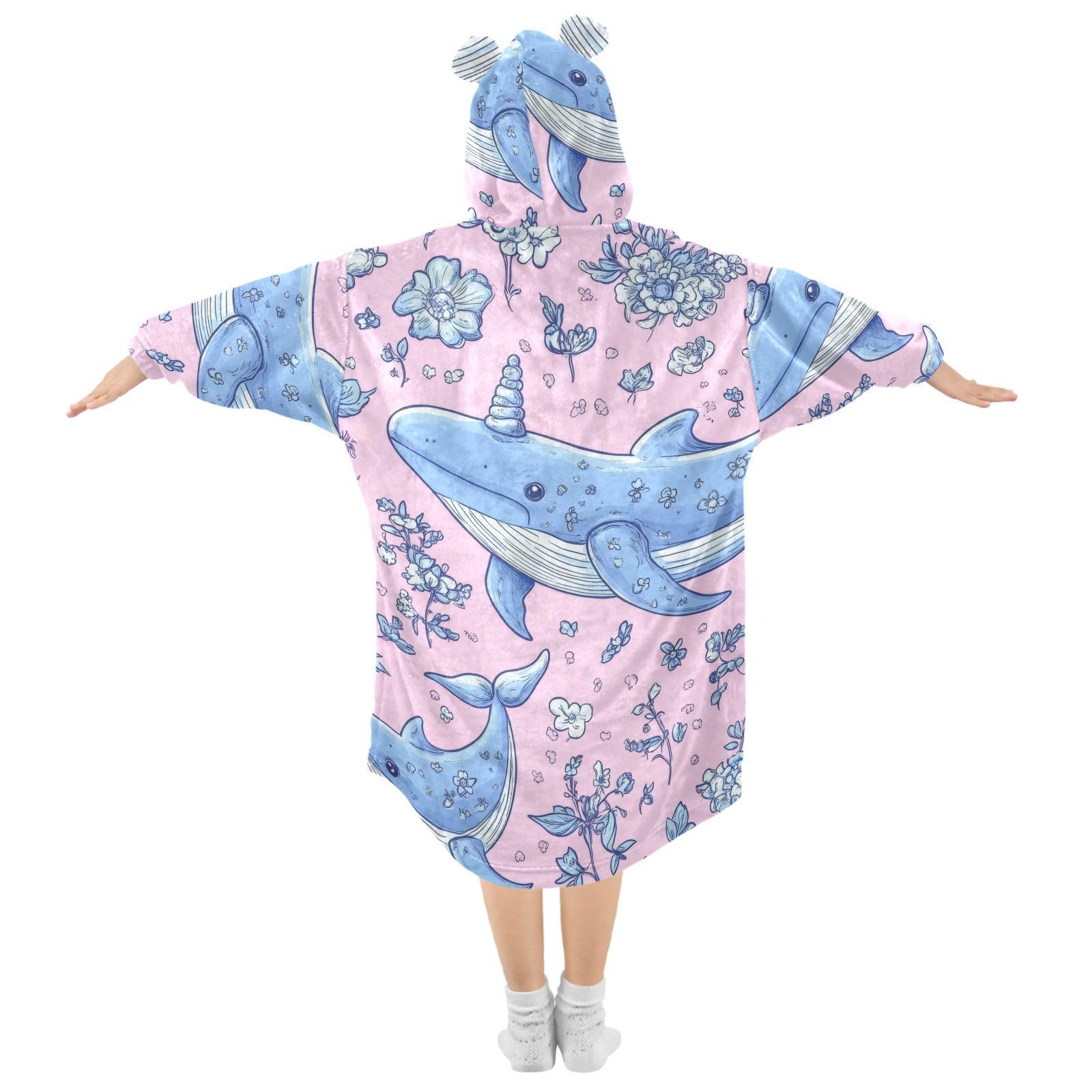 GOODOLD Narwhal and Flowers Wearable Blanket Hoodie for Kids Oversized Sherpa Hooded Blanket Cozy Warm Gift