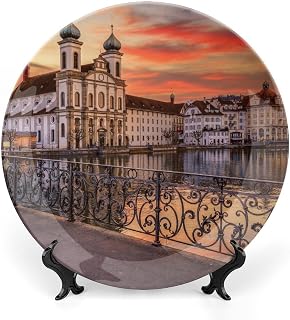 City Dusk Travel Tourism Europe on Plate for Home Office Wall Decor Decorative Plate with Display Stand Ceramic Ornament Wall Art Collectible Plate Keepsake Wedding Holiday Party Favor 7"