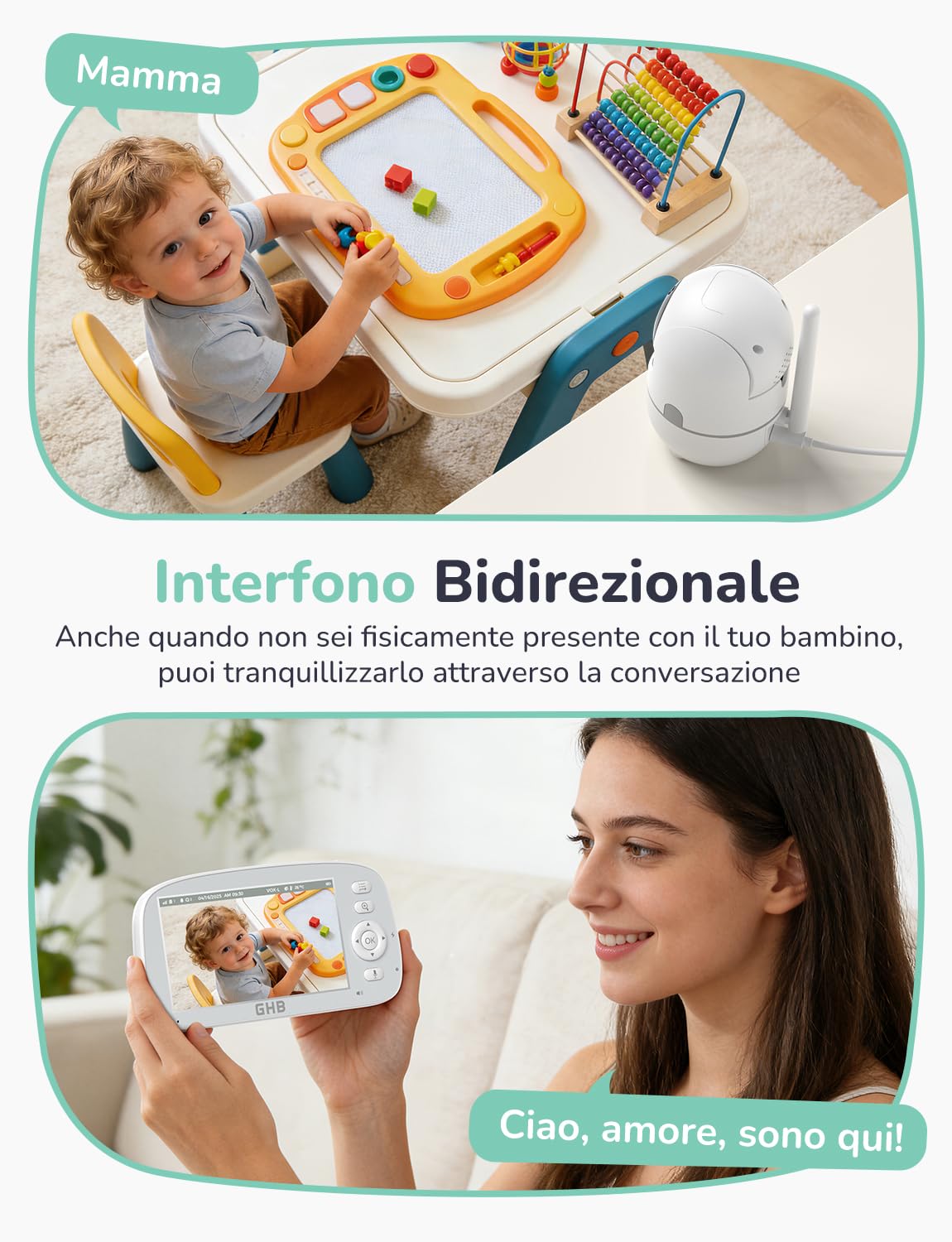 GHB Baby Monitor Video e Audio 5'' 720P Schermo 5000mAh, 350°/110° Rotante | Rilevamento della Temperatura, VOX, Interfono Bidirezionale, Ninnenanne Integrate